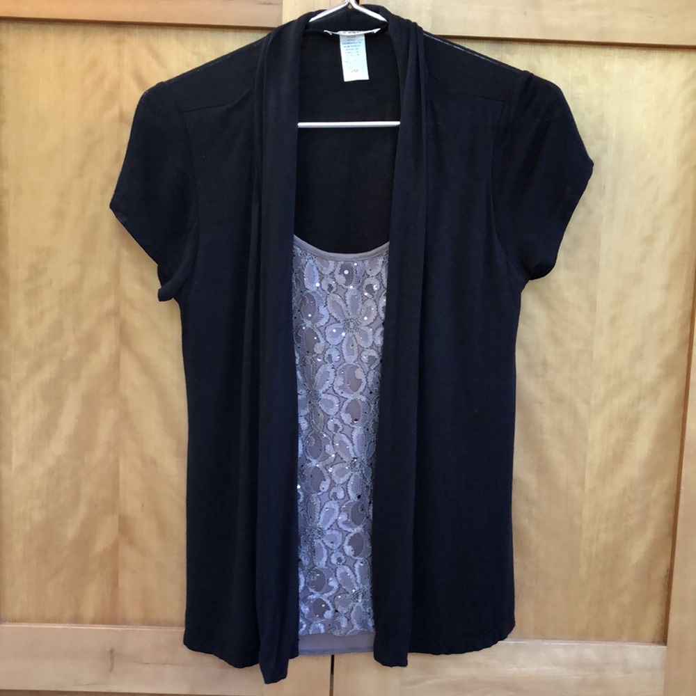 AGENDA Layered 2-In-1 Top Black Short Sleeve Cardigan on Tan Sequins Tank MP